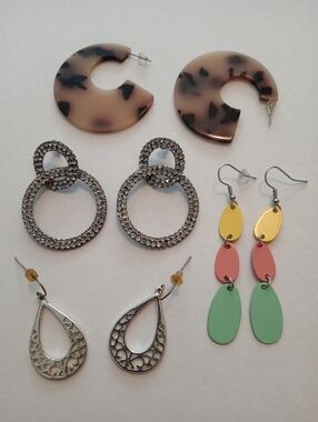 #1185.  4 Piece Assorted, Rhinestone, Silver, Enameled & Acrylic Earring Bundle
